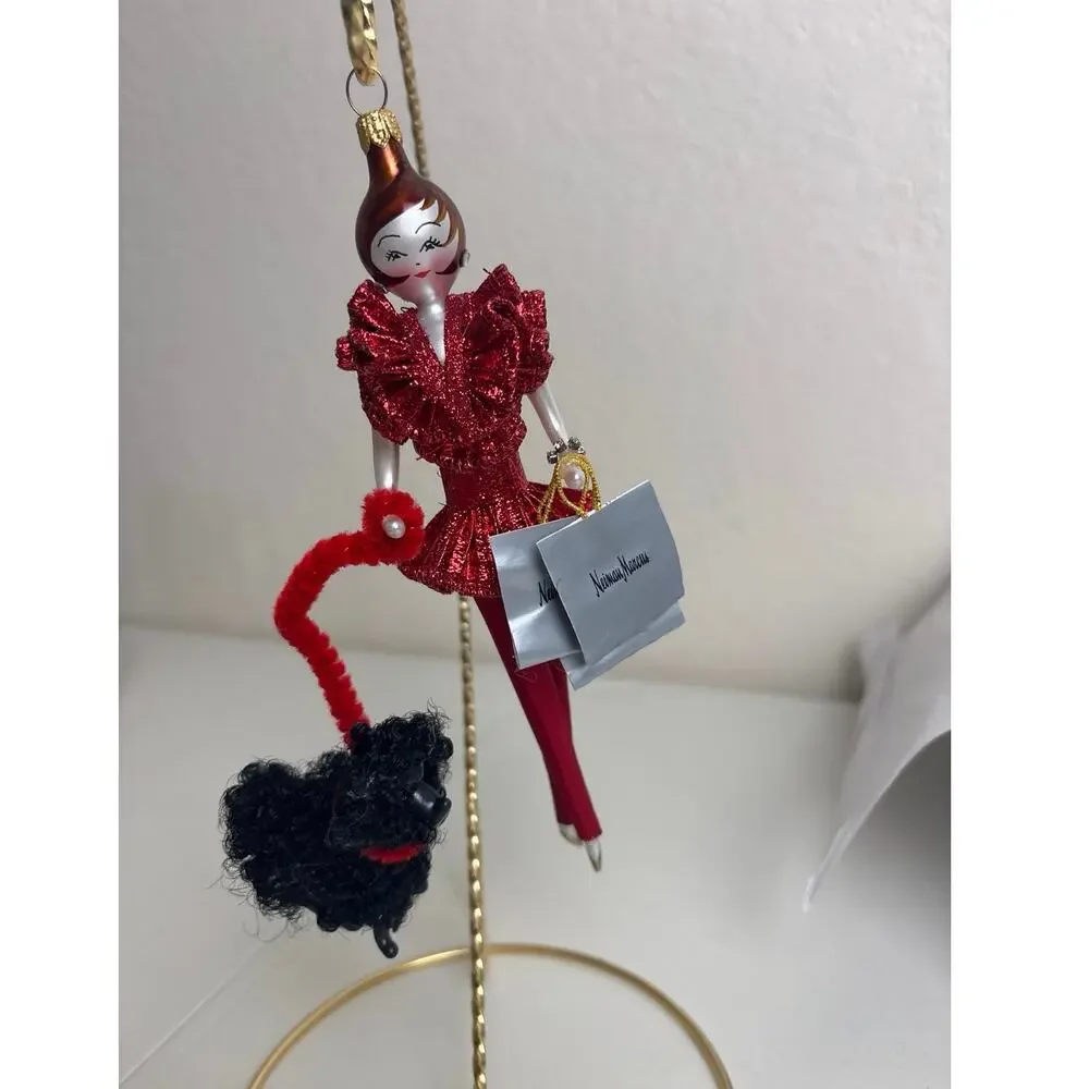 De Carlini Neiman Marcus Lady w/ Poodle Glass Ornament Red Outfit Italy Box Tags